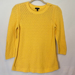 Talbots Petites Yellow Knit Sweater SP Button Shoulder 3/4 Sleeve Pima Cotton
